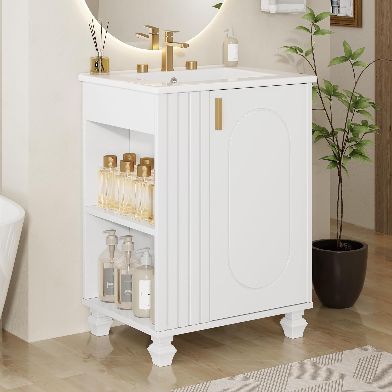 24-inch Bathroom Vanity with Sink Combo, Free-Standing Single Storage Cabinet with Door Shelf, Side Open Storage, and Cabinet, Vanity with Ceramic Basin for Bathroom (White)