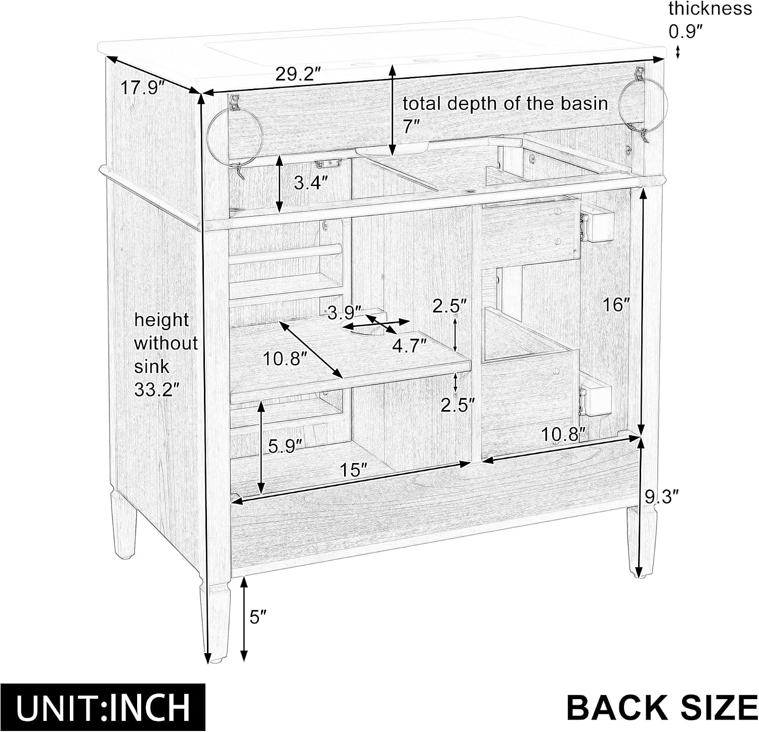 Bathroom Vanity with Sink 30 Inch, Tip-Out Drawer and Door Rack, Adjustable Shelf, Soft-Closing System, Solid Wood Legs, Light Wood