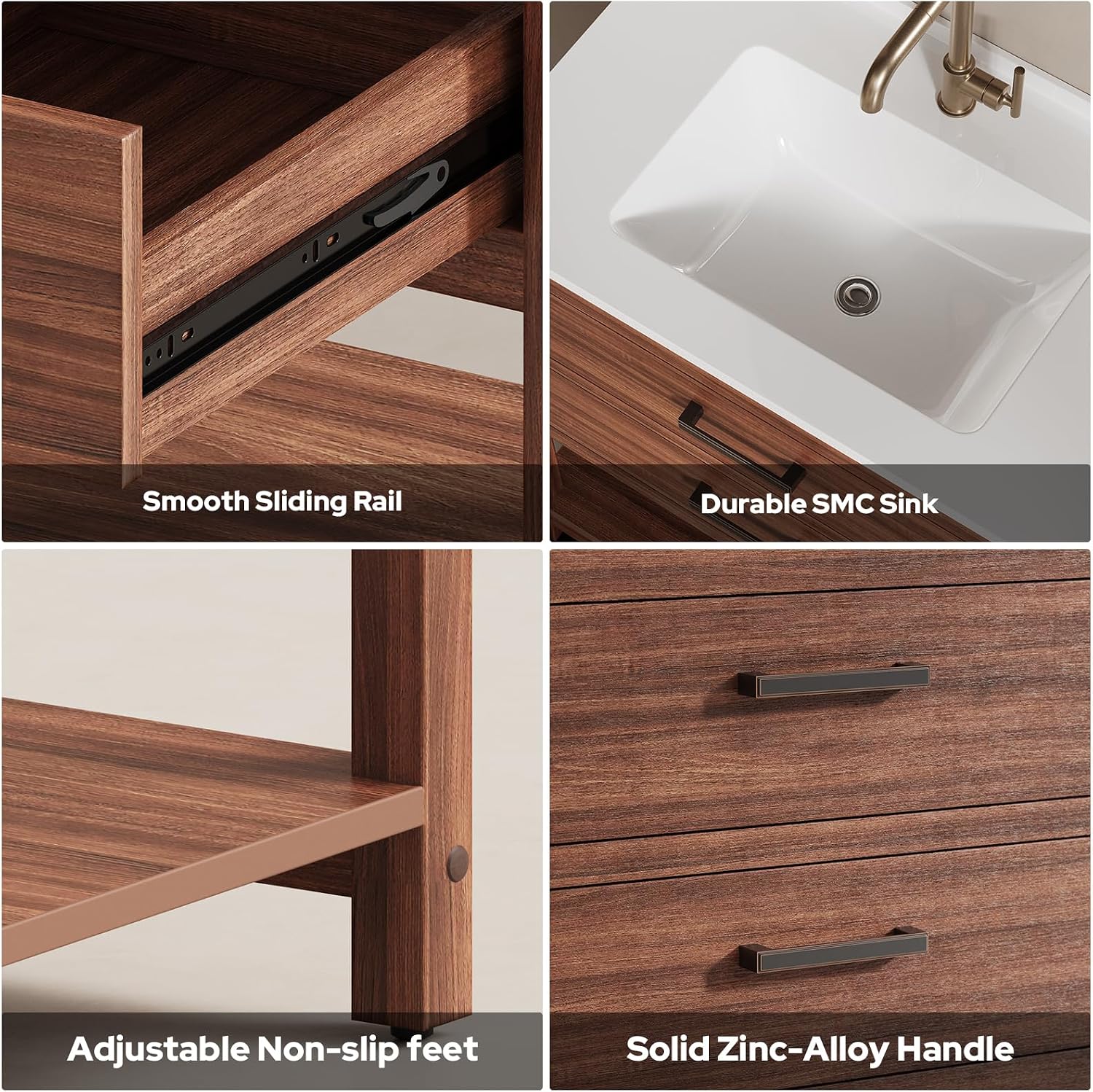 30 Inch Poly Lumber Bathroom Vanity with Sink Combo, Waterproof Freestanding Cabinet, SMC Resin Countertop with 2 Drawers & Open Storage Shelf, Adjustable Feet, Zinc-Alloy Handles, Rustic Brown