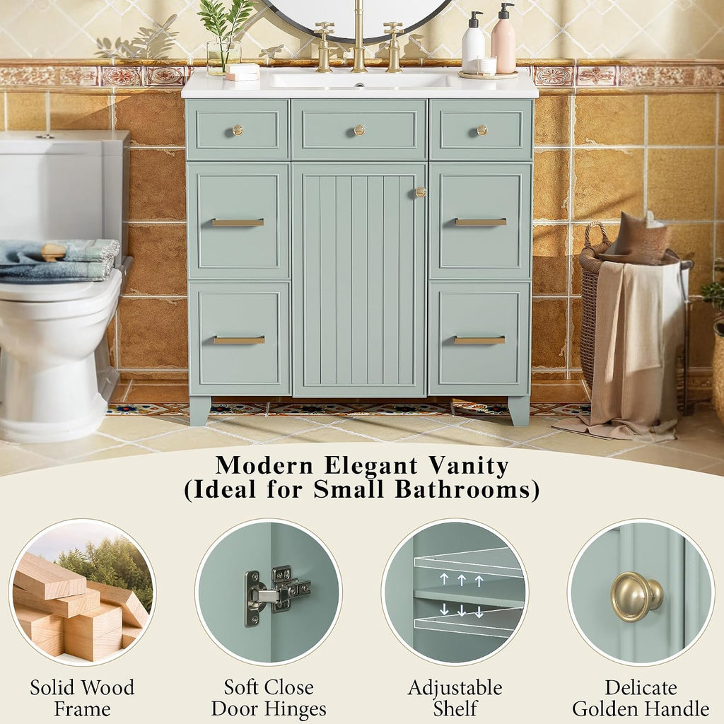 36' Bathroom Vanity with Ceramic Sink Countertop 1 Soft Close Doors 4 Drawers Adjustable Shelves Undermount Vanity with Storage (Green)