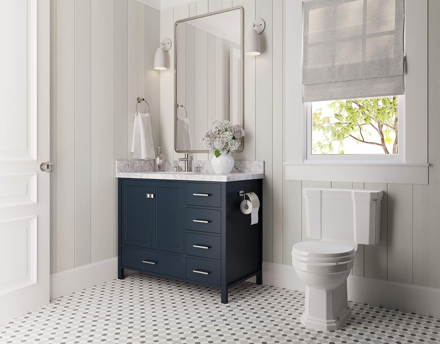 ARIEL Cambridge 42-inch Bathroom Vanity with Sink,Solid Wood, 1.5-inch Italian Carrara Marble Countertop, Single Oval Porcelain Sink, 2 Soft Closing Doors, 5 Dovetail Drawers, Midnight Blue
