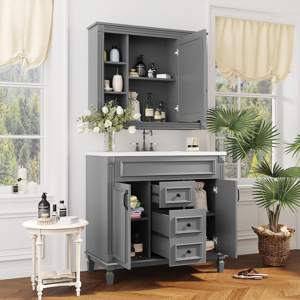 Merax 36' Bathroom Vanities with Matching Medicine Cabinet & Single Sink, Modern Undermount Bathroom Sink Cabinet with 3 Closing Doors & 2 Full Extension Dovetail Drawers