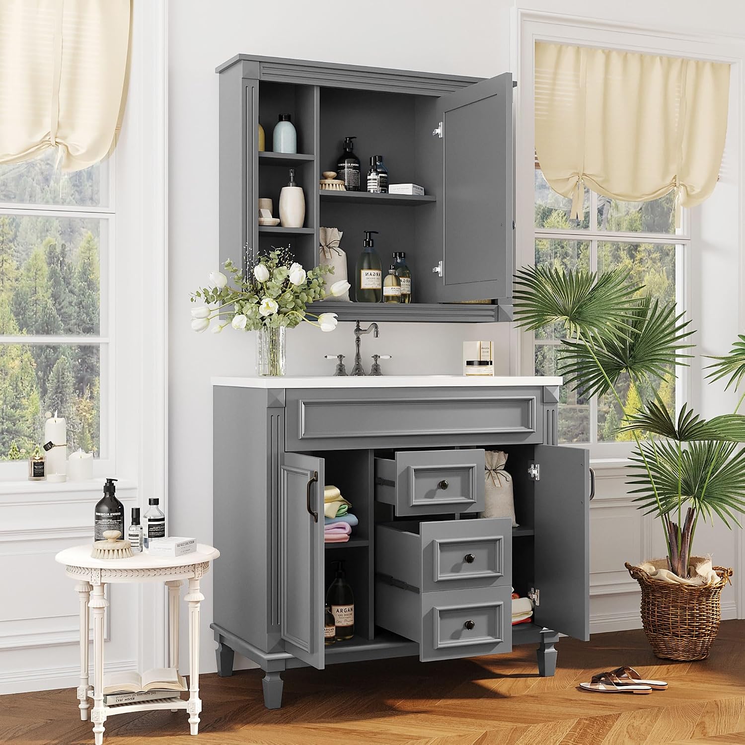 Merax 36' Bathroom Vanities with Matching Medicine Cabinet & Single Sink, Modern Undermount Bathroom Sink Cabinet with 3 Closing Doors & 2 Full Extension Dovetail Drawers