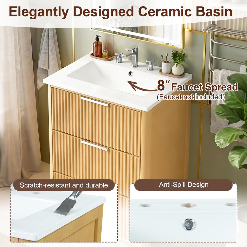 VilroCaz Modern Luxury 24'' Bathroom Vanity with Ceramic Sink, Wood Freestanding Bathroom Storage Cabinet with 3 Drawers, Single Sink Cabinet