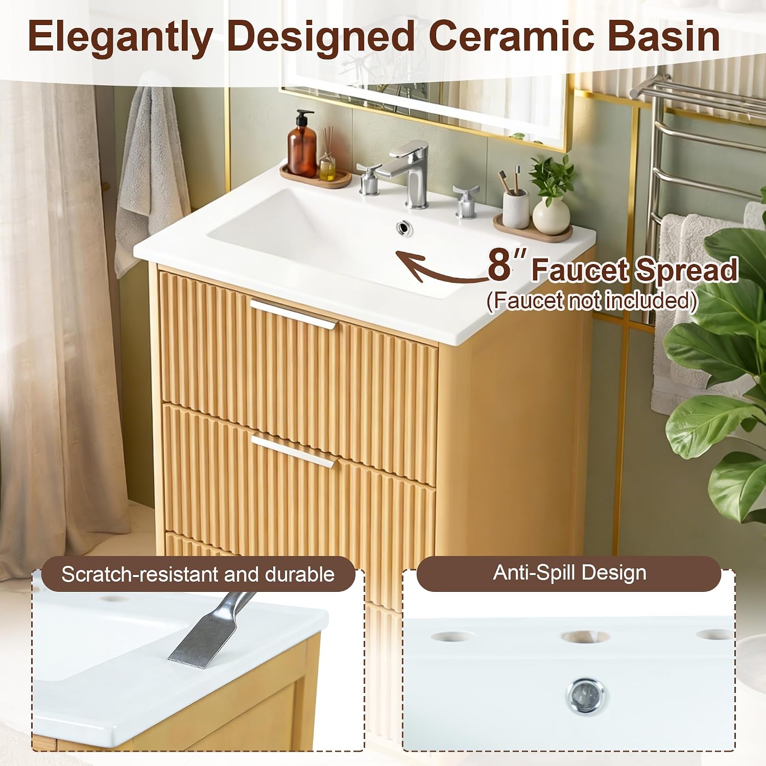 VilroCaz Modern Luxury 24'' Bathroom Vanity with Ceramic Sink, Wood Freestanding Bathroom Storage Cabinet with 3 Drawers, Single Sink Cabinet