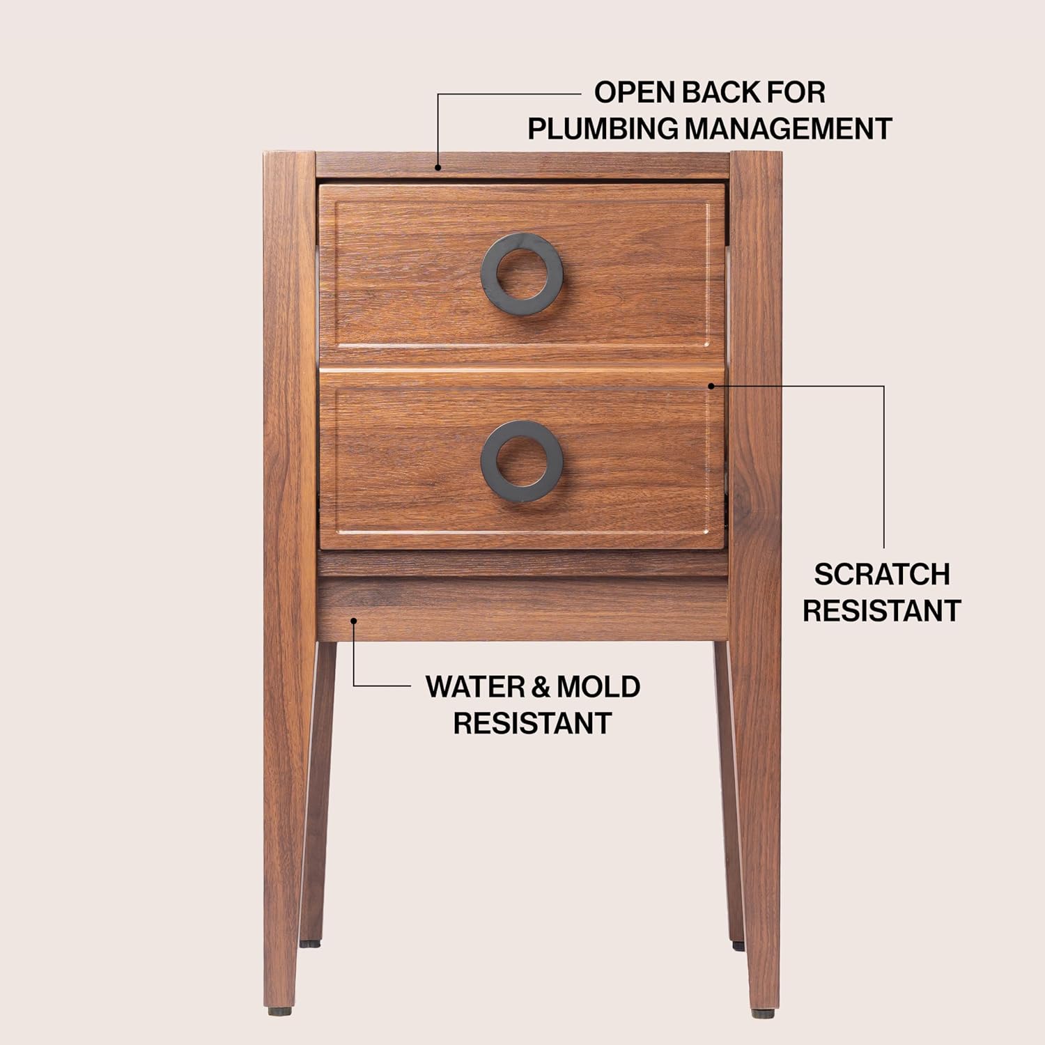 JONATHAN Y Corbin 20 in. W x 18 in. D x 33 in. H Modern 1-Drawer Freestanding Bathroom Vanity Base Only with Black Handles, Walnut (Sink Basin Not Included) VAN2000B