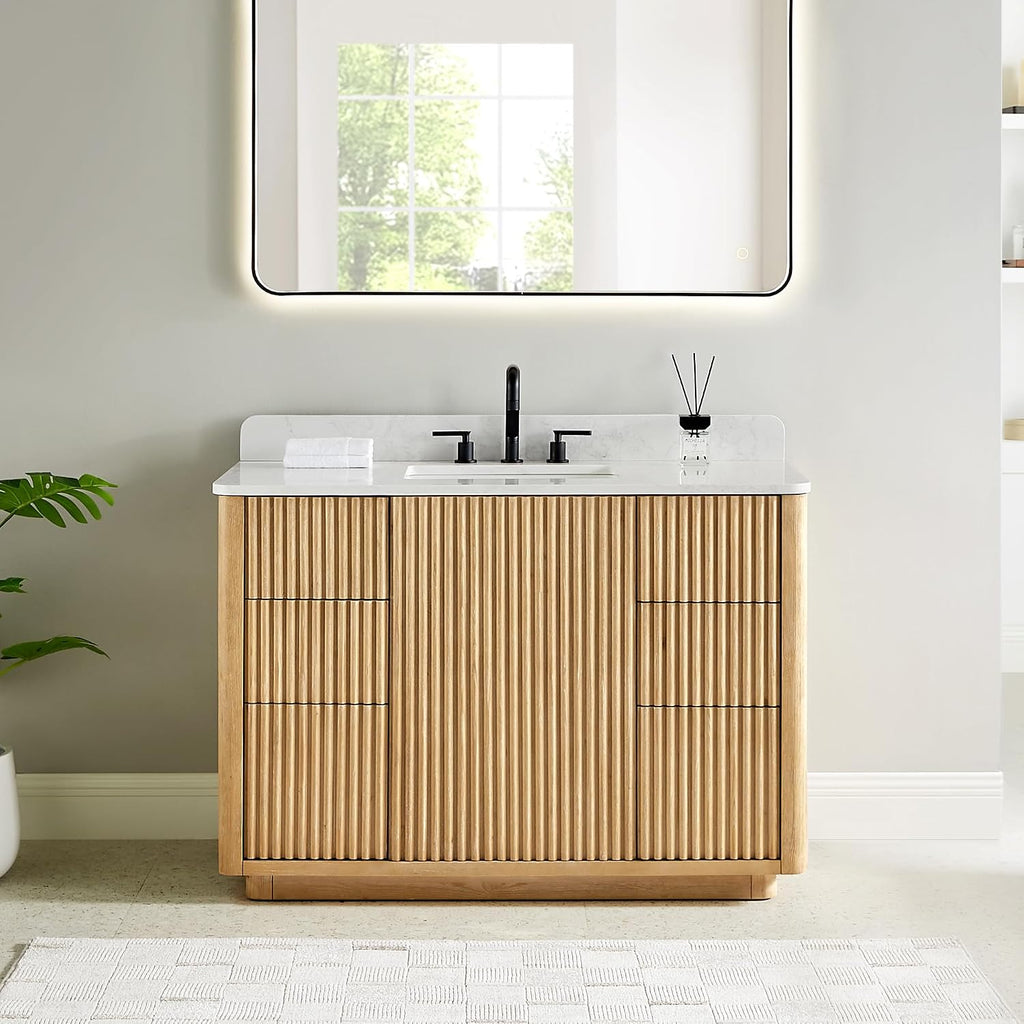 ALTAIR 48 Inch Bathroom Vanity with Sink Mordern Pedestal Single Vanities Light Brown Large Storge Cabinet with Backsplash Ceramic Countertop Pre-Assembled Bath Fixtures Farmhouse