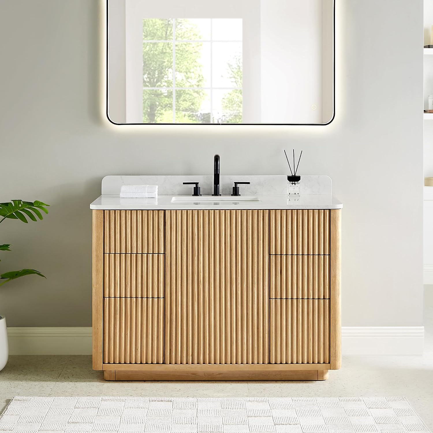ALTAIR 48 Inch Bathroom Vanity with Sink Mordern Pedestal Single Vanities Light Brown Large Storge Cabinet with Backsplash Ceramic Countertop Pre-Assembled Bath Fixtures Farmhouse