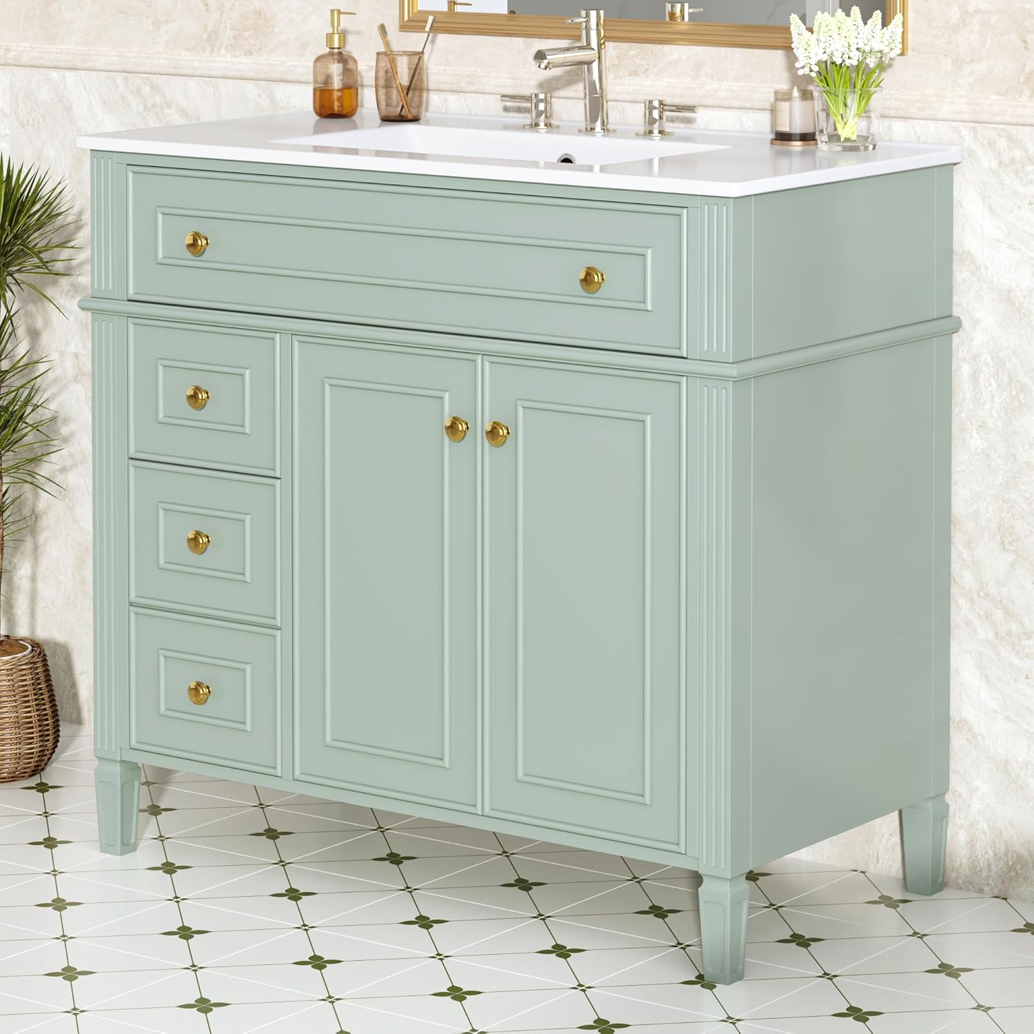 36' Bathroom Vanity Cabinet with Ceramic Countertop Sink Combo Set, Solid Wood Frame, Tilt-Out Drawers and Left Side Drawers, Soft Closing Door Hinges, Modern Style, Green