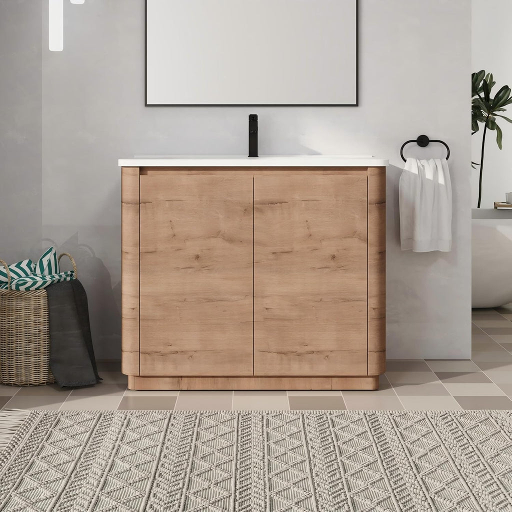 40' Bathroom Vanity with Sink, 40 Inch FreeStanding Vanity, Single Sink Floor Stand Vanity Combo, Modern Brown Bathroom Vanity Set with 2 Soft-Close Door and White Basin Sink
