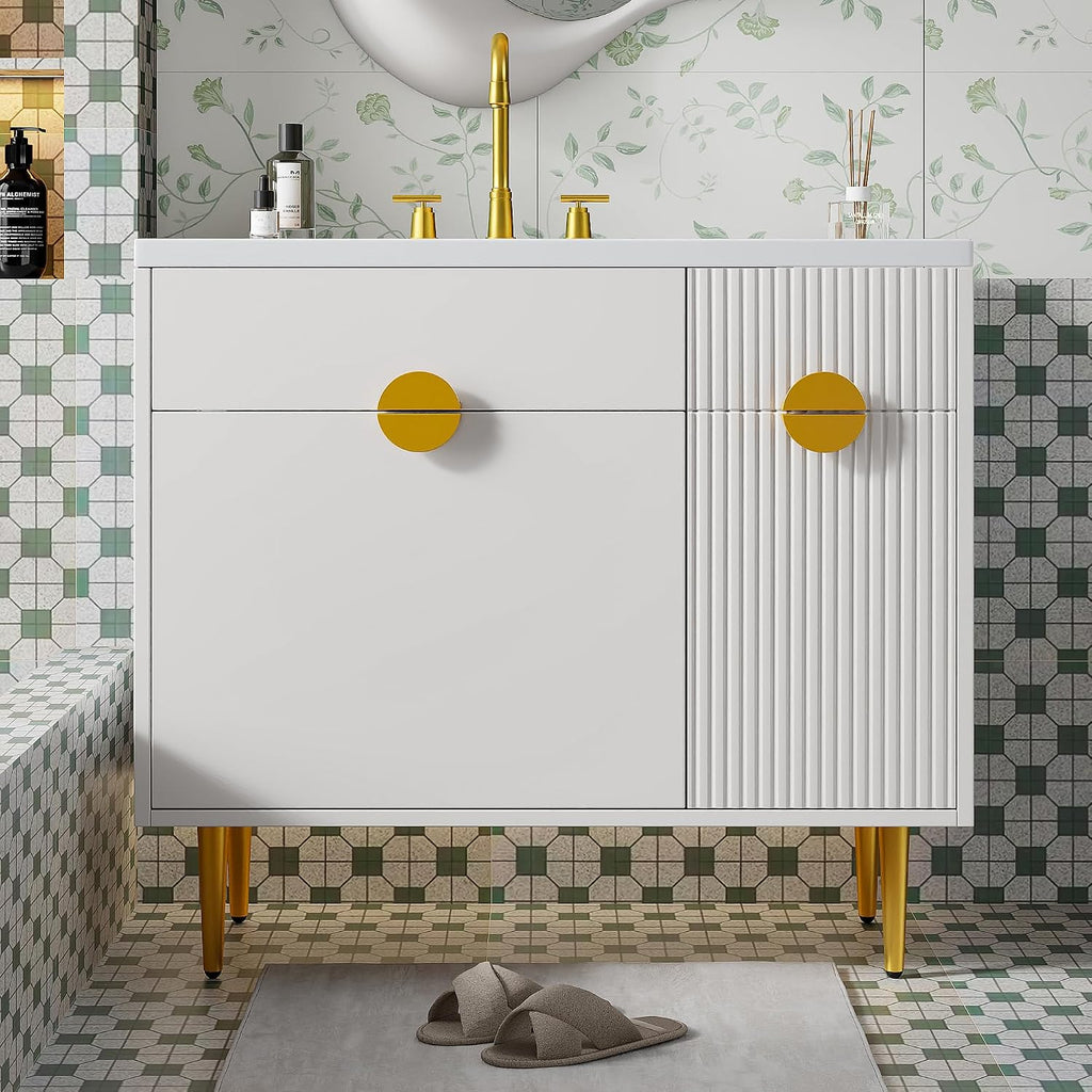 Merax 36 Inch Bathroom Vanity with Sink, Modern Bathroom Vanity Storage Cabinet with Soft-Closing Door and Drop-Down Door, Resin Basin Sink Top, Solid Wood Frame, Painted Finish， White
