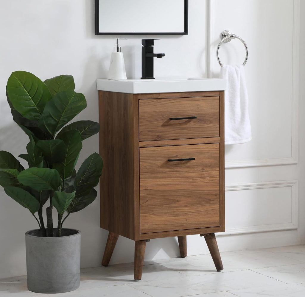 18' Pre-Assembled Bathroom Vanity with Sink, Engineered Wood, White Resin Countertop Attached, Single Rectangle Porcelain Sink, 1 Soft-Close Drawers, Walnut Brown