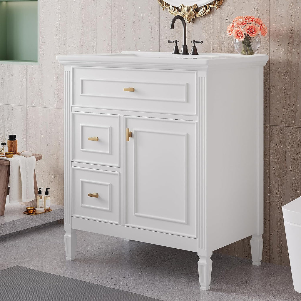 Harper & Bright Designs 30' Bathroom Vanity with Sink, Free Standing Vanity Set with Tip-Out Drawer, 2 Drawers, and Adjustable Shelf, Wood Bathroom Cabinet with Ceramic Basin for Bathroom, White