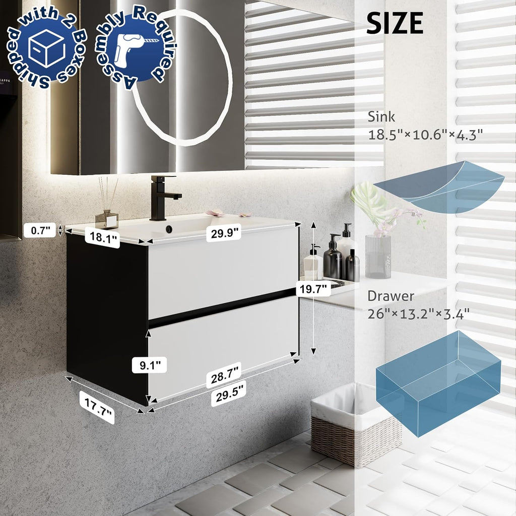 eclife 30' Bathroom Vanity Cabinet with Undermount Black Sink Combo, Wall Mounted Floating Bathroom Cabinet with Colors Mixed Style, 2 Big Drawers & Matte Black Faucet