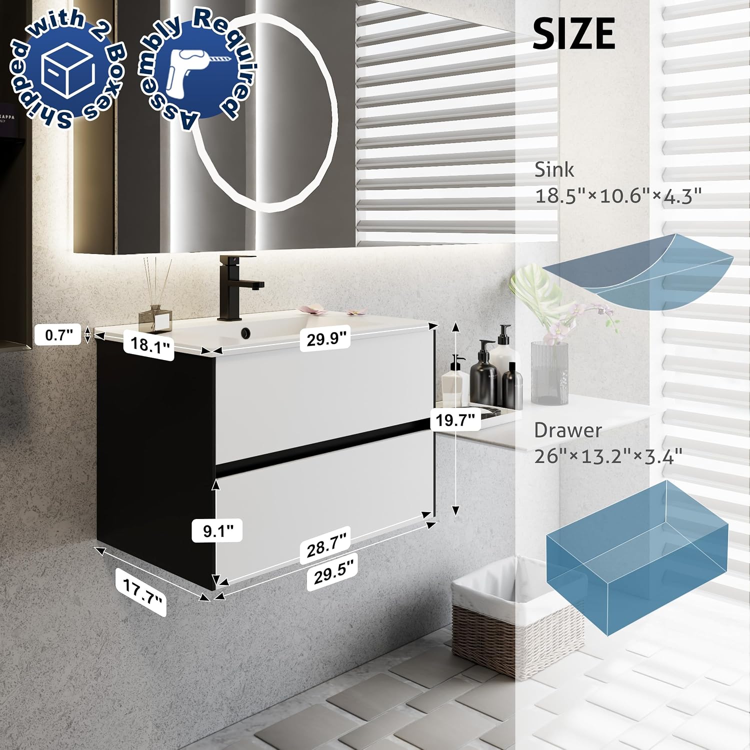 eclife 30' Bathroom Vanity Cabinet with Undermount Black Sink Combo, Wall Mounted Floating Bathroom Cabinet with Colors Mixed Style, 2 Big Drawers & Matte Black Faucet