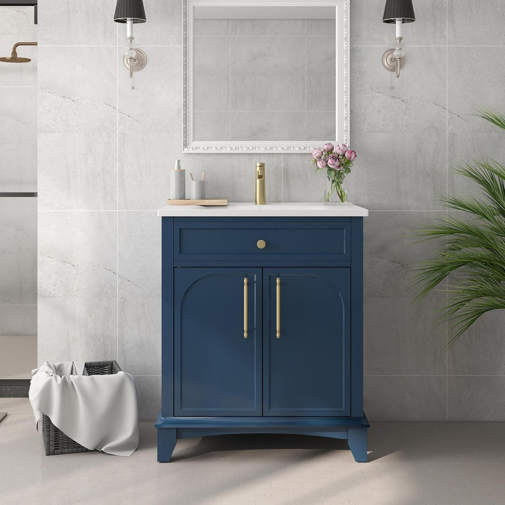 28 inch Bathroom Vanity with Sink Combo, Mid Century Modern Freestanding Bathroom Cabinet with Integrated Ceramic Sink, 2 Soft Closed Doors, Adjustable Shelves, Golden Handle, Blue