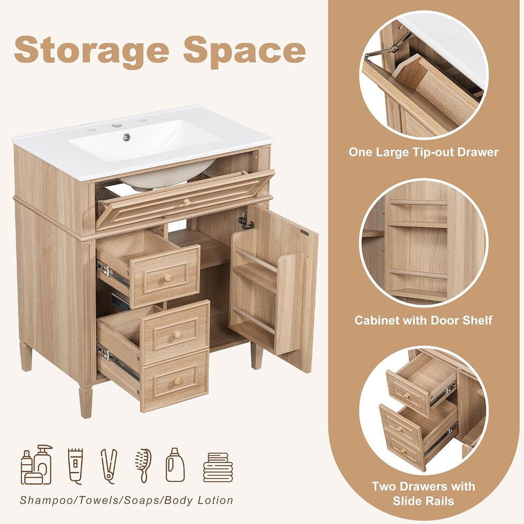Bathroom Vanity with Sink 30 Inch, Tip-Out Drawer and Door Rack, Adjustable Shelf, Soft-Closing System, Solid Wood Legs, Light Wood