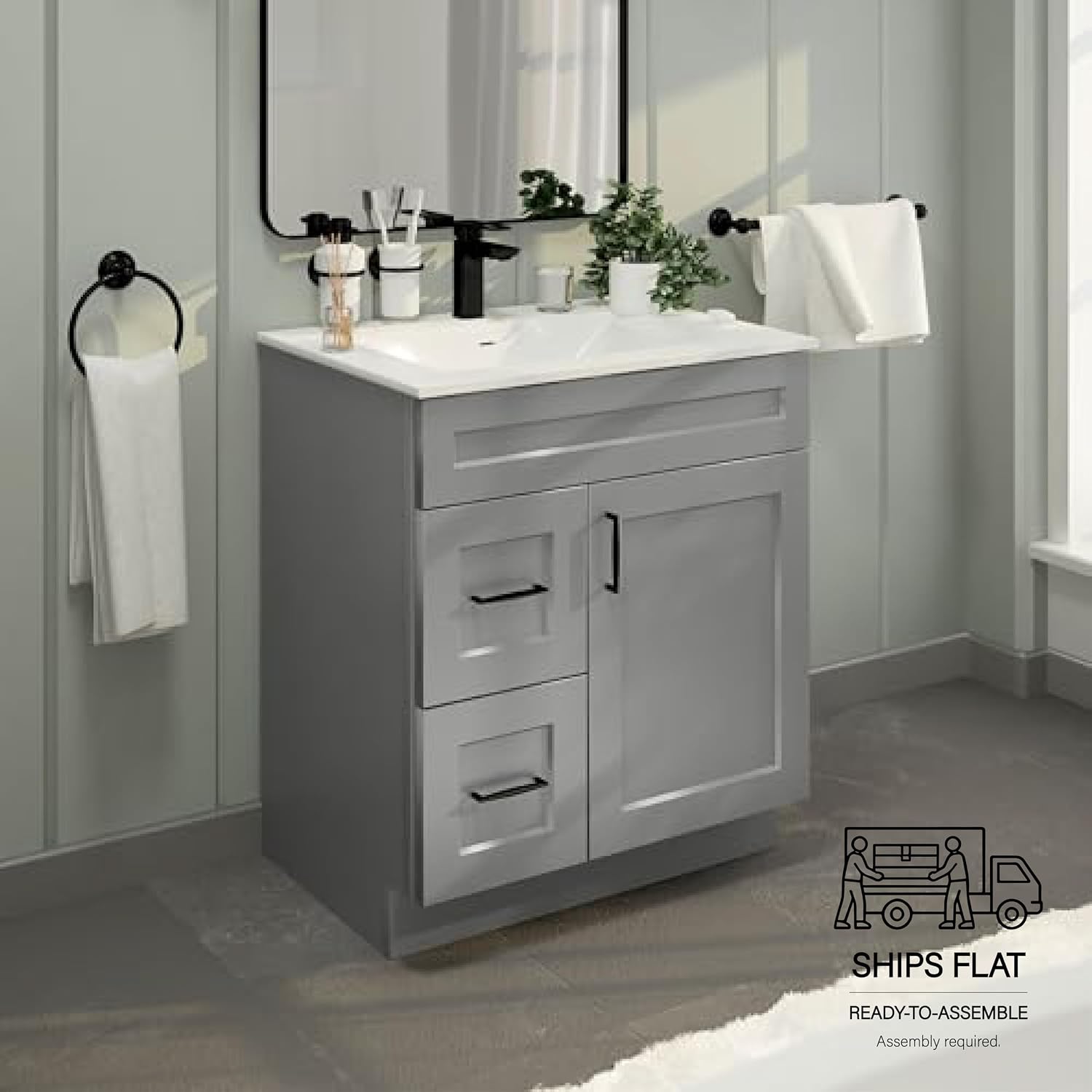 30' Shaker Bathroom Vanity Sink Base with Drawers (Ready-to-Assemble) (Light Grey Shaker Vanity Base)