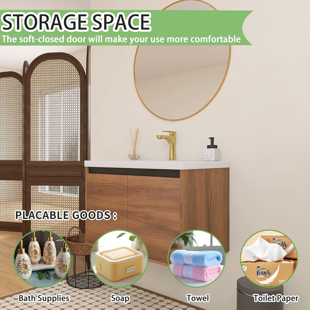 30 inch Bathroom Vanity with Sink, Wall-Mounted Floating Vanity with 2 Soft-Close Doors, Easy Assembly, Engineered Wood in Elegant Brown, Modern Style for Bathroom