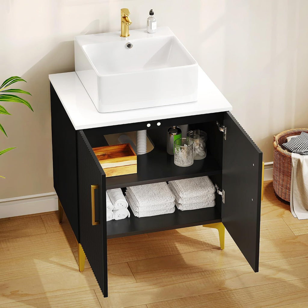 YITAHOME 24 Inch Bathroom Vanity with Vacuum Forming, Freestanding Storage Cabinet Vanity with Engineered White Stone Countertop, 2 Large Soft Closing Doors with Shelf, Gold Handles & Legs, Black