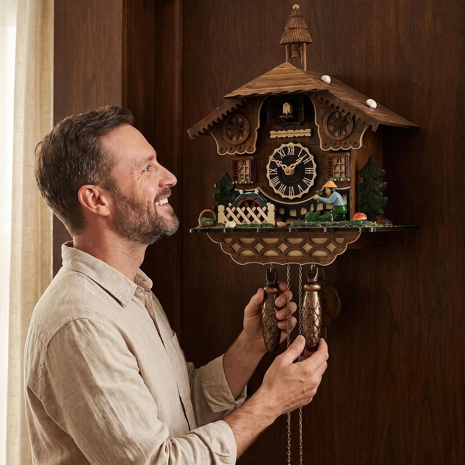 Vintage Wooden Cuckoo Clock, Traditional Wall Clock with Bird Call & Pendulum, Battery Operated Retro Decor Clock for Living Room Bedroom Home Art Decoration Gift