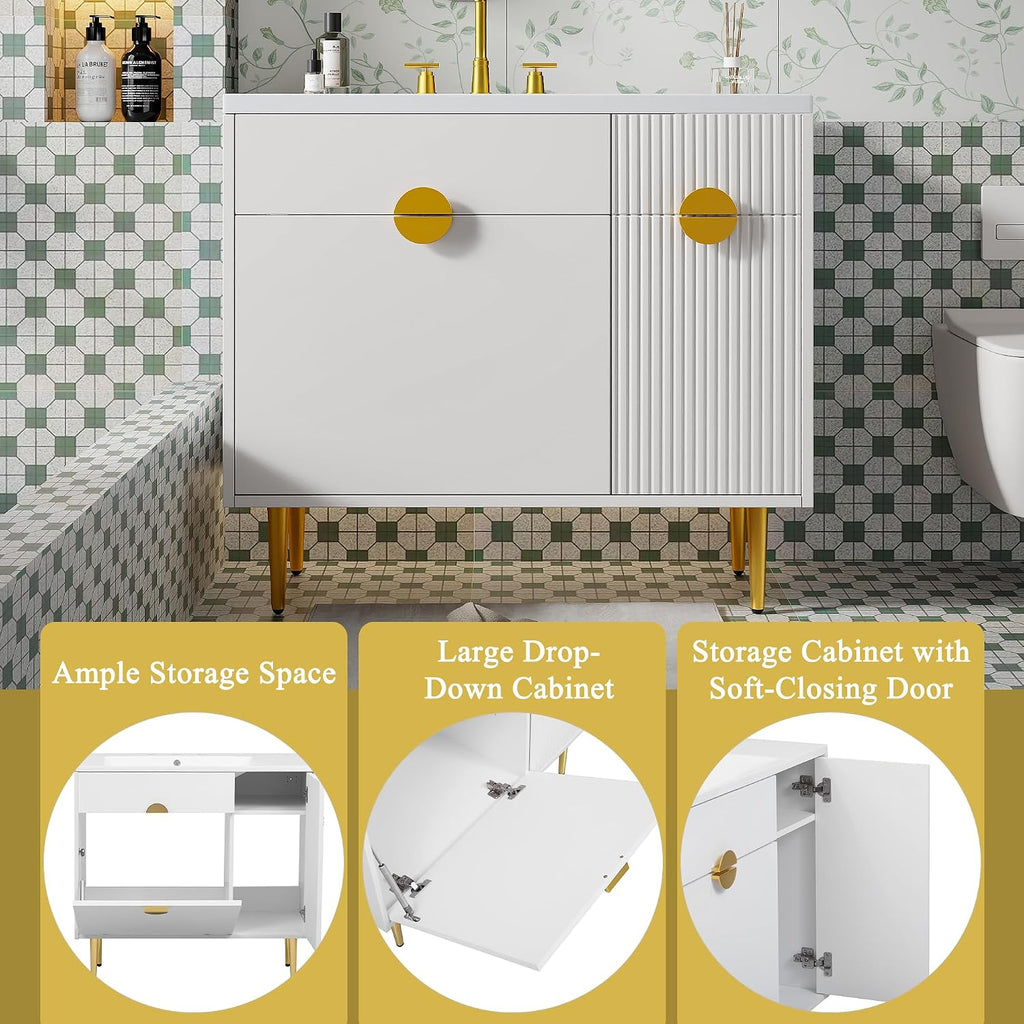 Merax 36 Inch Bathroom Vanity with Sink, Modern Bathroom Vanity Storage Cabinet with Soft-Closing Door and Drop-Down Door, Resin Basin Sink Top, Solid Wood Frame, Painted Finish， White
