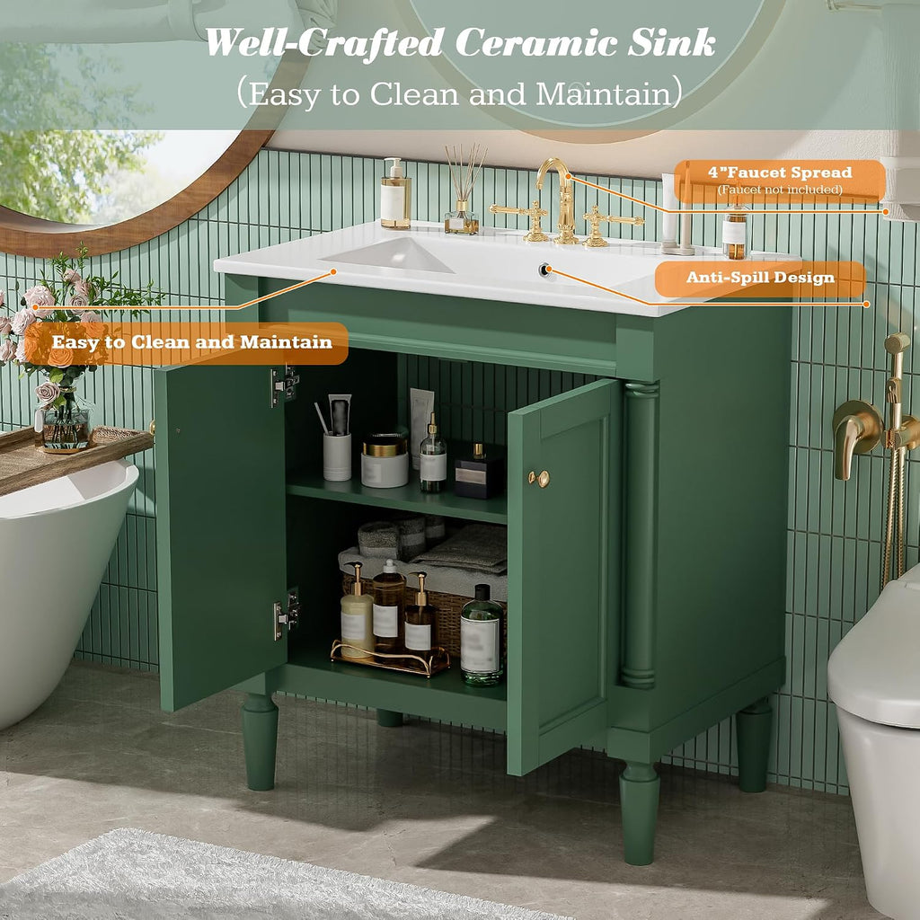 Merax 30' Bathroom Vanity with Sink, Powder Room Small Bathroom Vanity with 2-Door Cabinet, Ceramic Sink, Solid Wood Frame Bathroom Storage Cabinet