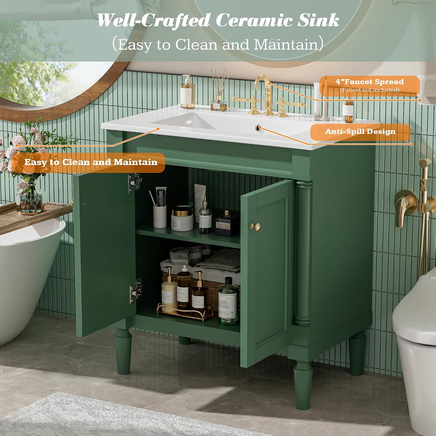 Merax 30' Bathroom Vanity with Sink, Powder Room Small Bathroom Vanity with 2-Door Cabinet, Ceramic Sink, Solid Wood Frame Bathroom Storage Cabinet