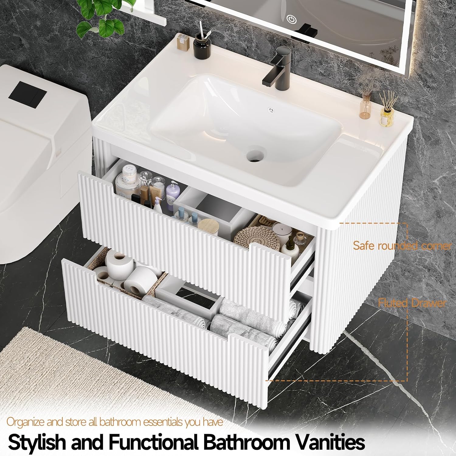 ONBRILL Modern Bathroom Vanity with Sink Combo, Curved Floating Bath Vanity with 2 Drawers, Wall Mount Bathroom Vanities with Integrated Ceramic Sink for Small Space, Apartment (White, 32')
