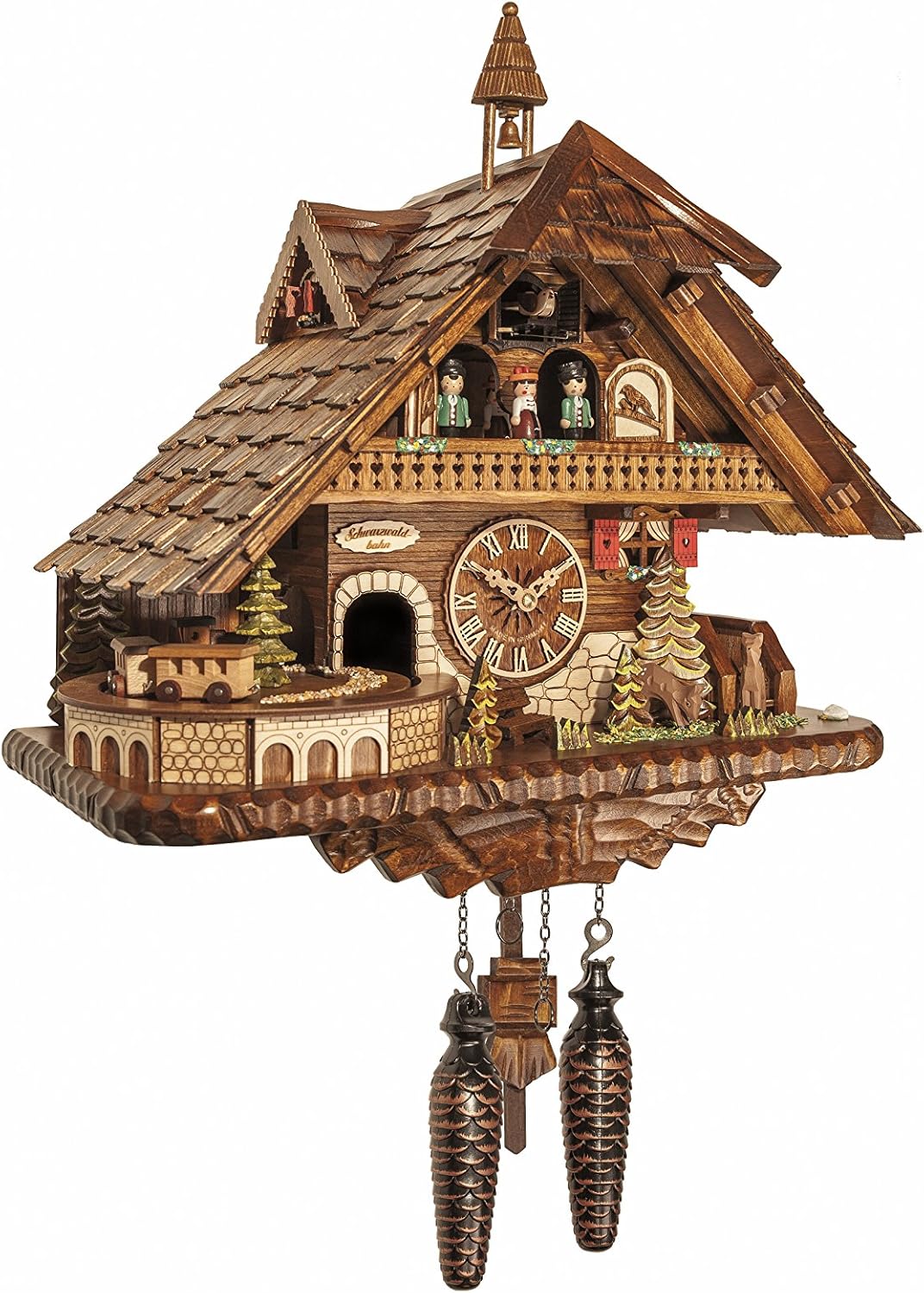 Engstler Quartz Cuckoo Clock Big Black Forest House with Music, Dancers and Moving Train EN 45110 QMT