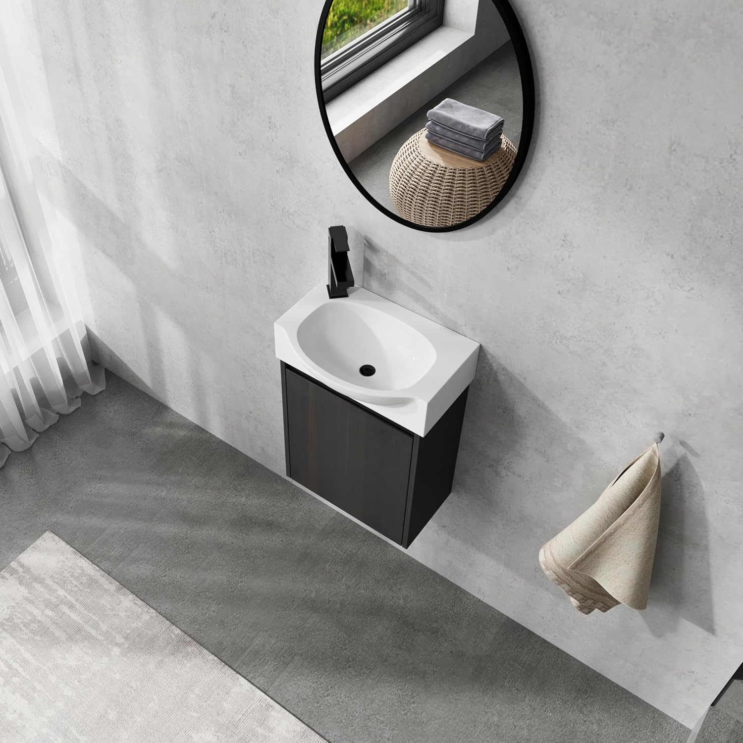 Small Bathroom Vanity with Sink, 16 Inch Bathroom Vanity with Sink, Floating Vanity Bathroom with Soft Closed Door, Integrated Sink, Engineered Wood (Black)