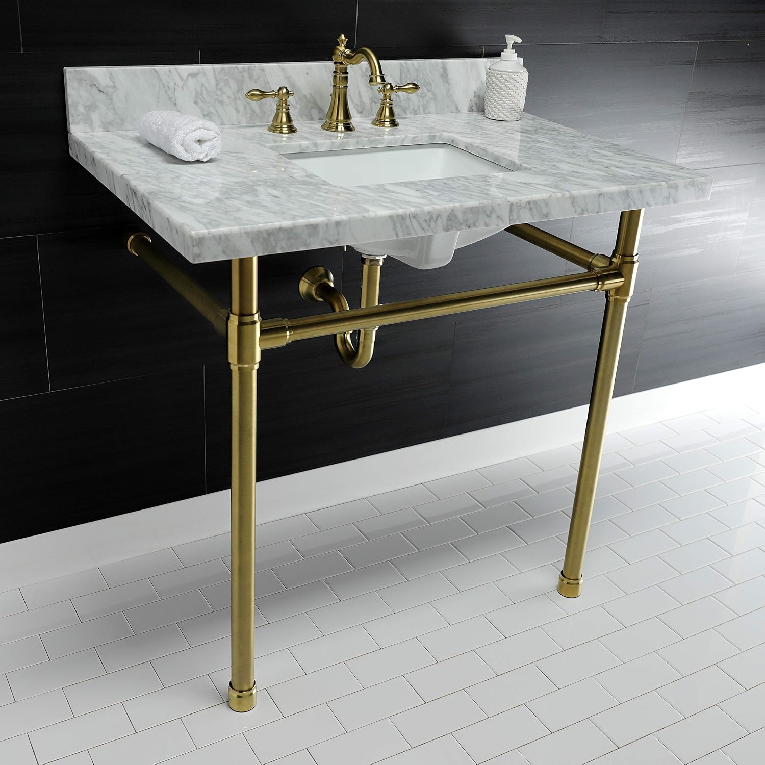 Kingston Brass KVPB36M8SQ7ST Dreyfuss 36' Carrara Marble Vanity Top with Stainless Steel Legs, Marble White/Brushed Brass