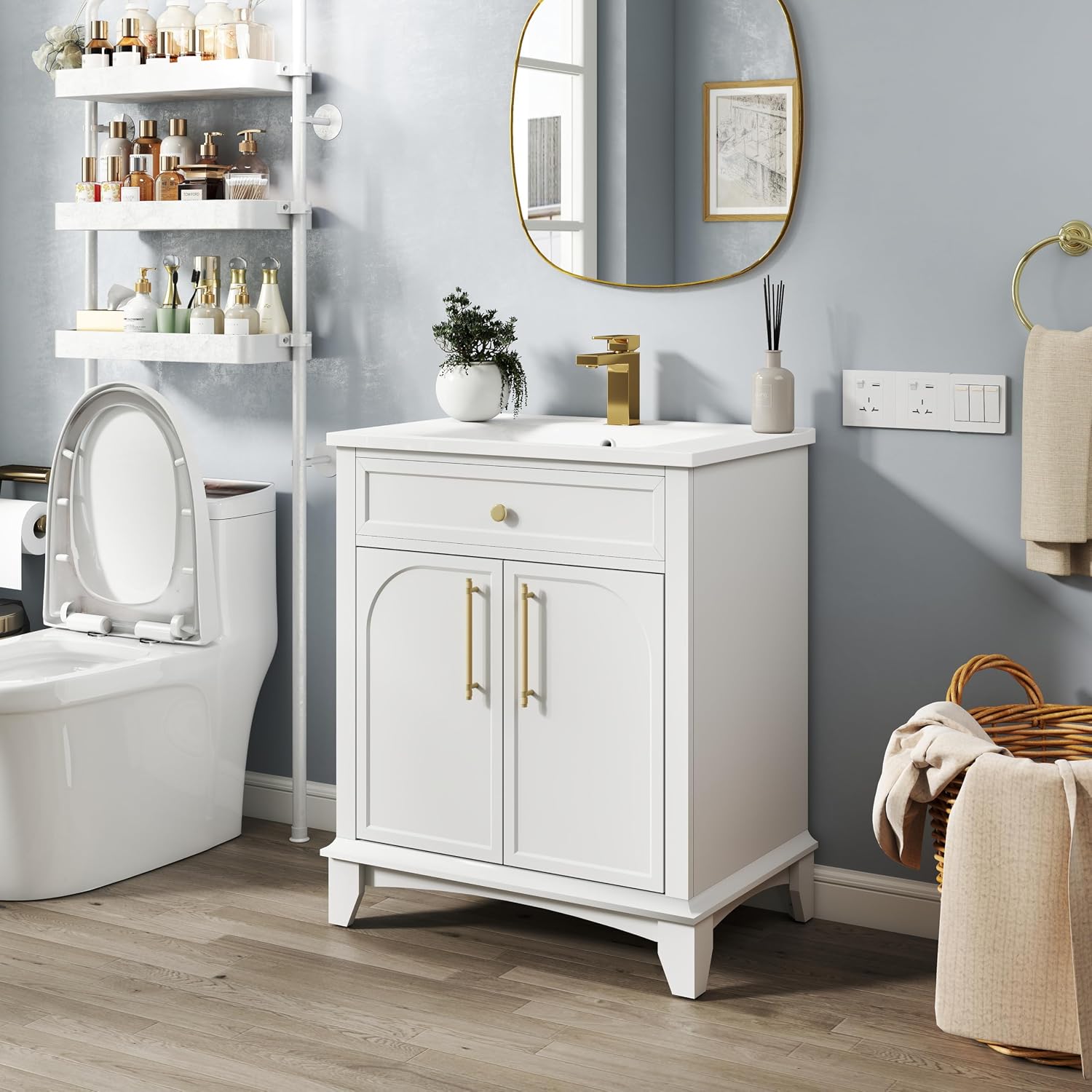 28 inch Bathroom Vanity with Sink Combo, Mid Century Modern Freestanding Bathroom Cabinet with Integrated Ceramic Sink, 2 Soft Closed Doors, Adjustable Shelves, Golden Handle, White