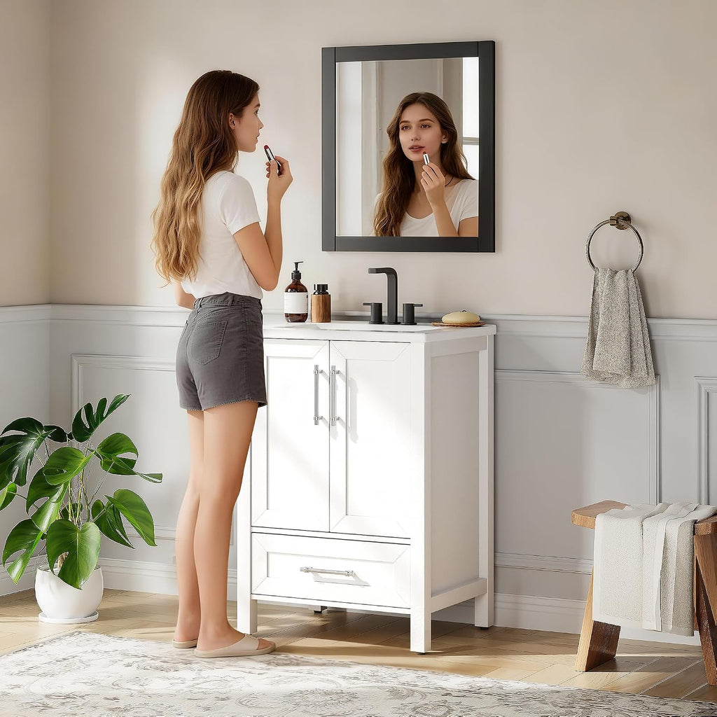GarveeHome 24' Bathroom Vanity with Sink, Vintage Bathroom Cabinet Vanity with Doors & Drawers, Farmhouse Wooden Freestanding Bathroom Cabinet with Top