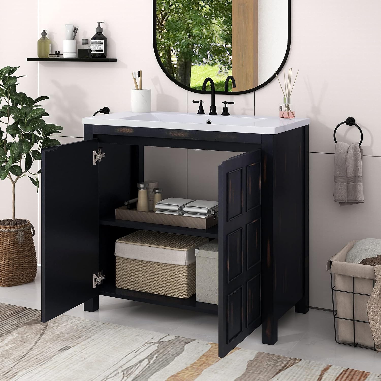 P PURLOVE 36' Bathroom Vanity with Sink Top Combo Set, Modern Single Bathroom Cabinet with Adjustable Shelf and Soft Closing Doors,Wood Frame