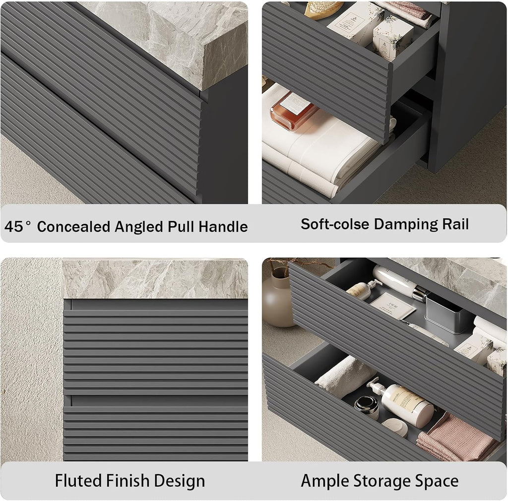 Eleshine 36' Bathroom Vanity with Undermount Sink, Floating Plywood Fluted Storage Cabinet with 2 Drawers, Itlay Light Gray with Stone Pattern Sintered Stone Top, Gray