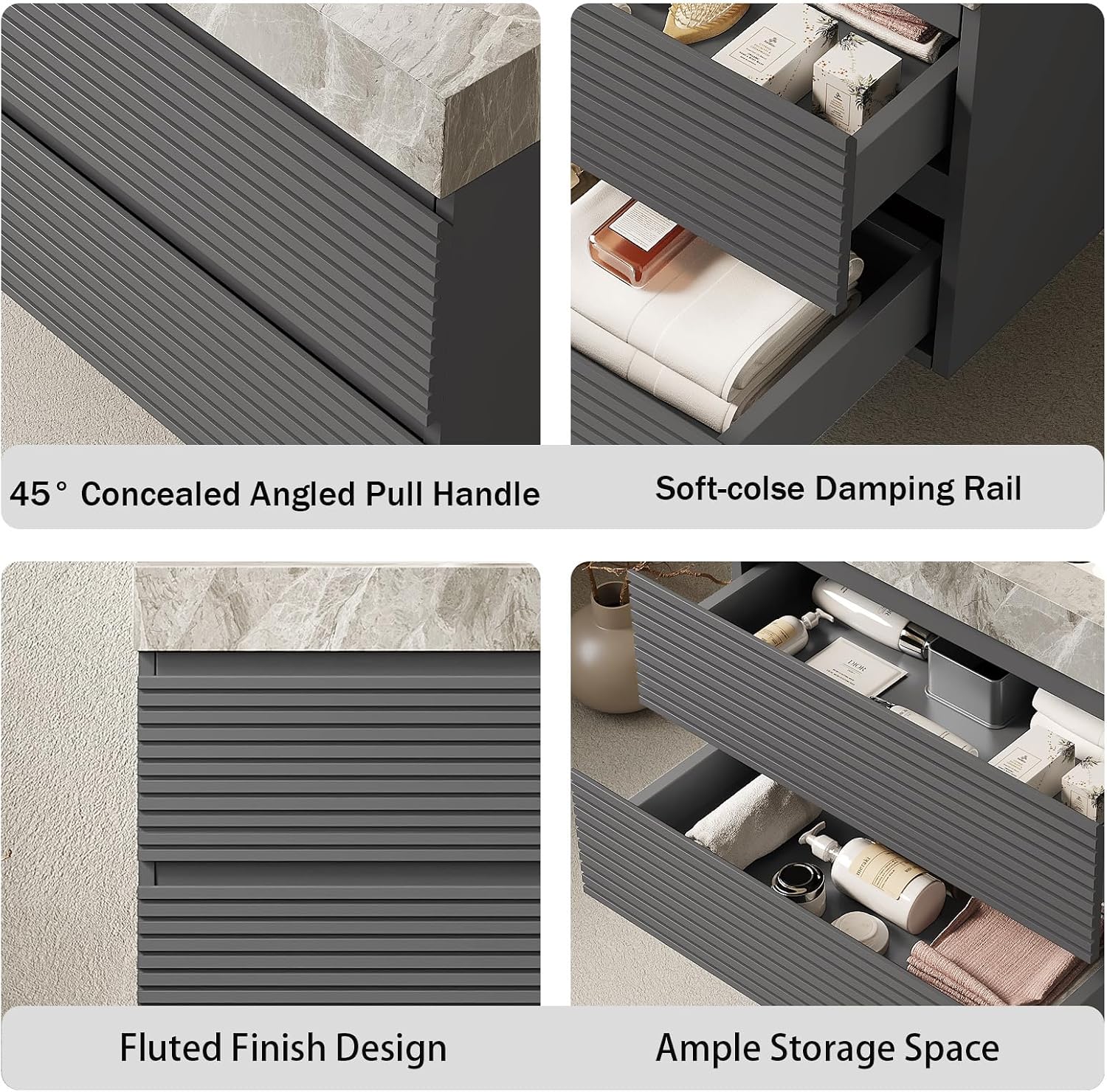 Eleshine 36' Bathroom Vanity with Undermount Sink, Floating Plywood Fluted Storage Cabinet with 2 Drawers, Itlay Light Gray with Stone Pattern Sintered Stone Top, Gray