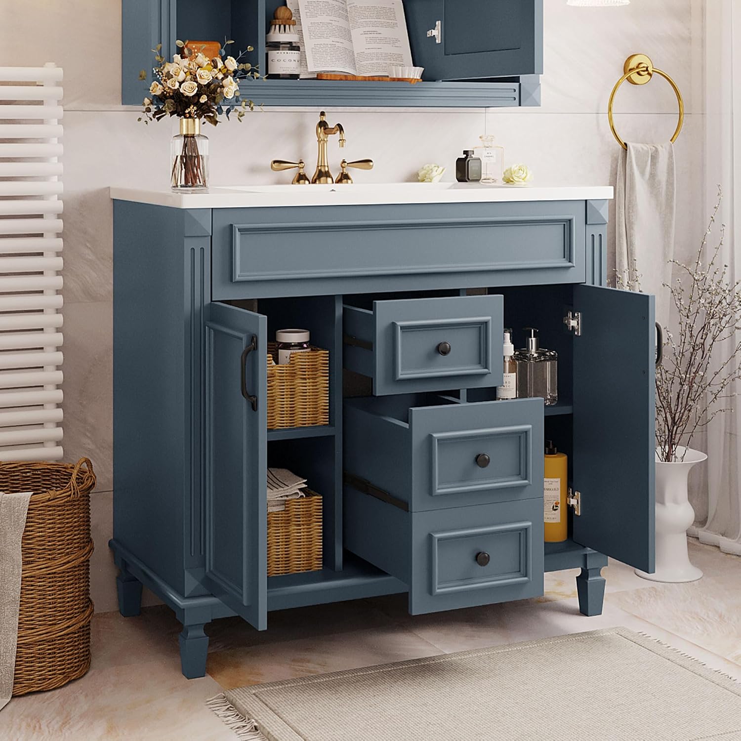Linique 36' Bathroom Vanity with Top Sink,Bathroom Storage Cabinet with 2 Soft Closing Doors and 2 Storage Drawers,Modern Single Sink Bathroom Vanity(Blue)