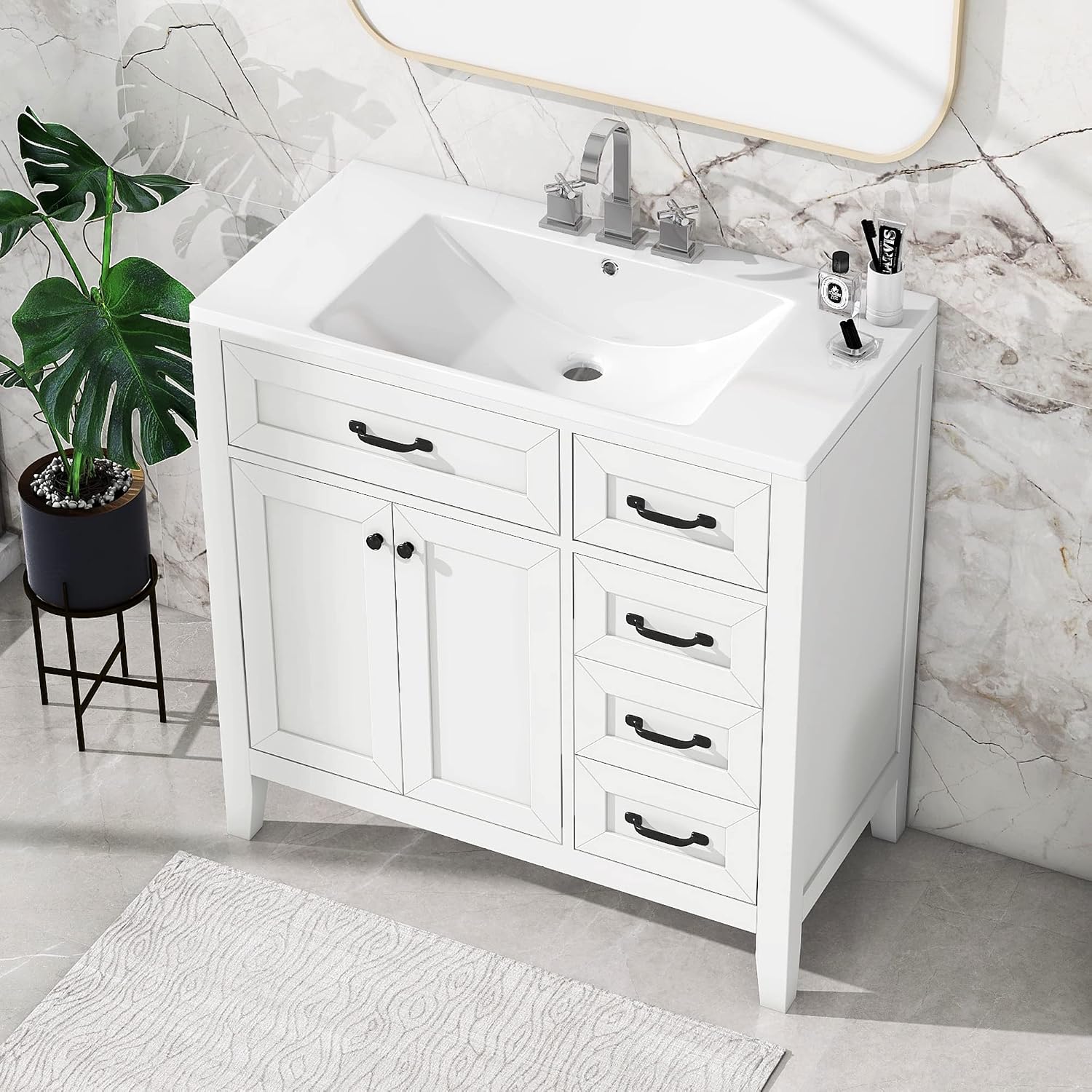 36' Vanity with Sink, Bathroom Vanity witn Sink Top, 36 Inch Single Sink Bathroom Vanty with3 Drawers and 2 Doors (White)
