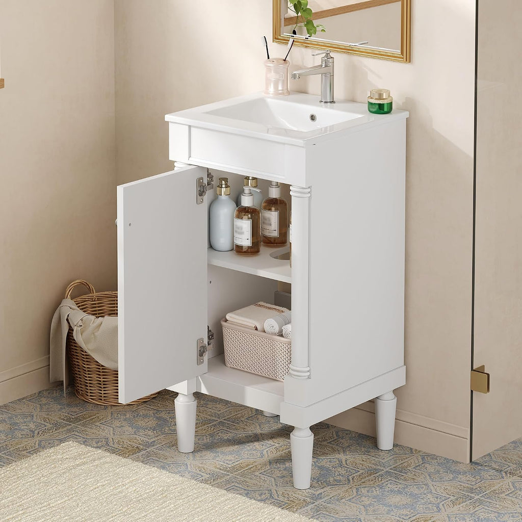 VilroCaz Modern 18'' Bathroom Vanity with Top Sink, Freestanding Bathroom Storage Cabinet with Door and Adjustable Shelf, Single Sink Cabinet with Nordic Style Legs (White-Right-Open)