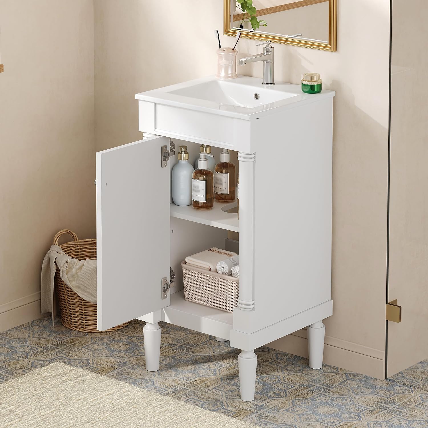 VilroCaz Modern 18'' Bathroom Vanity with Top Sink, Freestanding Bathroom Storage Cabinet with Door and Adjustable Shelf, Single Sink Cabinet with Nordic Style Legs (White-Right-Open)