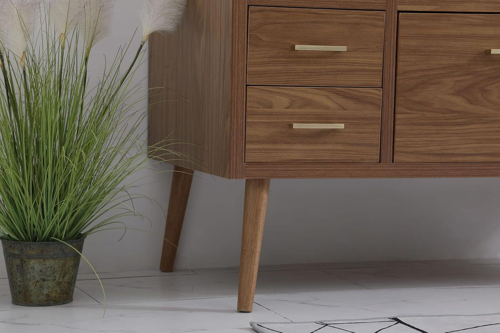 48' Pre-Assembled Bathroom Vanity with Sink, Engineered Wood, Ivory White Engineered Marble Countertop Attached, Single Rectangle Porcelain Sink, 7 Soft-Close Drawers, Walnut Brown