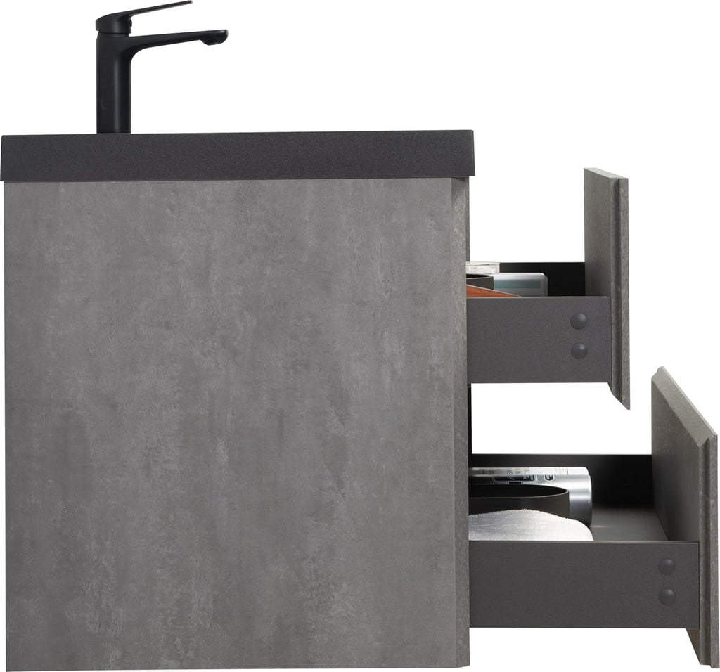 36' Floating Bathroom Vanity with Sink, Modern Wall-Mounted Bathroom Storage Vanity Cabinet with Black Quartz Sand Top Basin and Soft Close Drawers