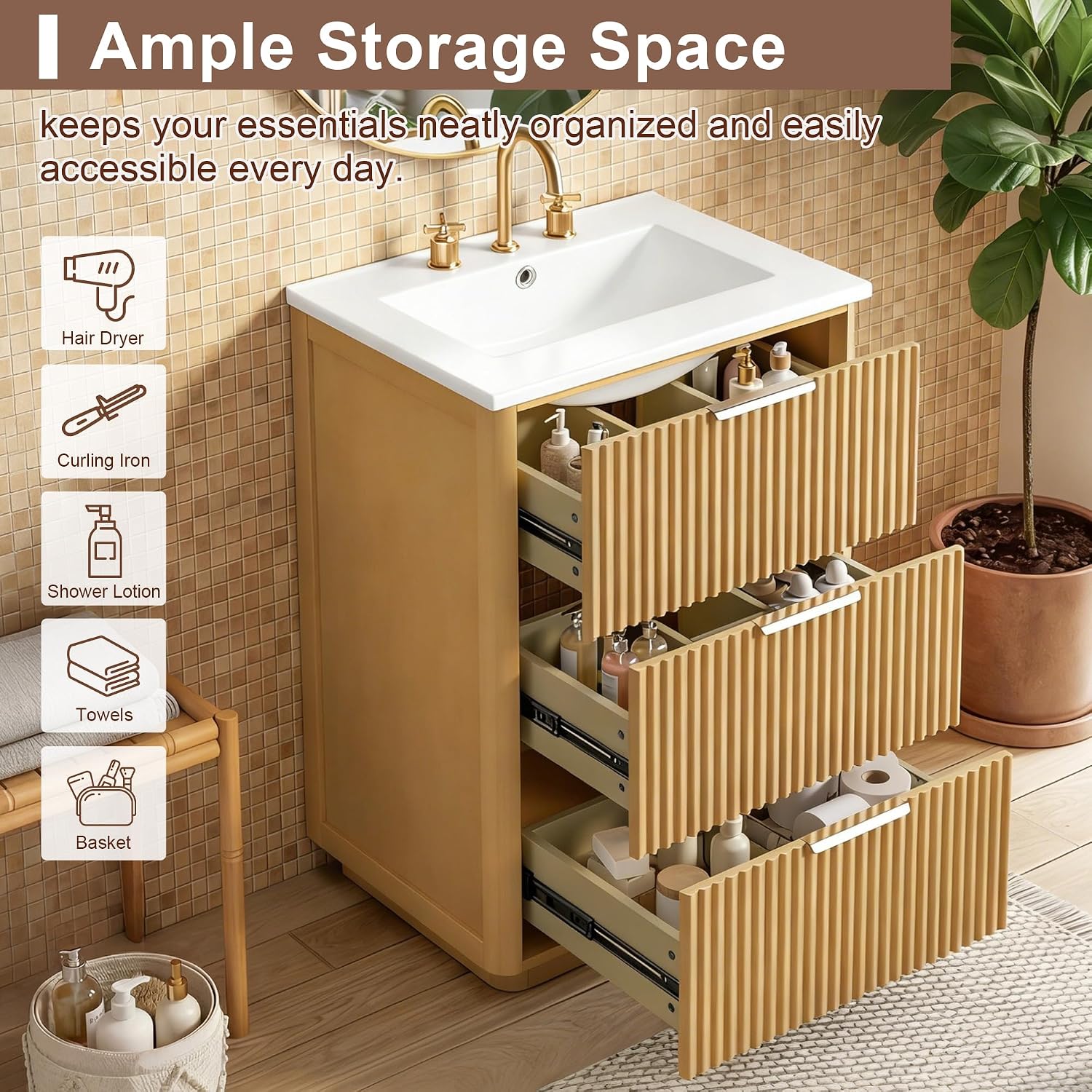 VilroCaz Modern Luxury 24'' Bathroom Vanity with Ceramic Sink, Wood Freestanding Bathroom Storage Cabinet with 3 Drawers, Single Sink Cabinet