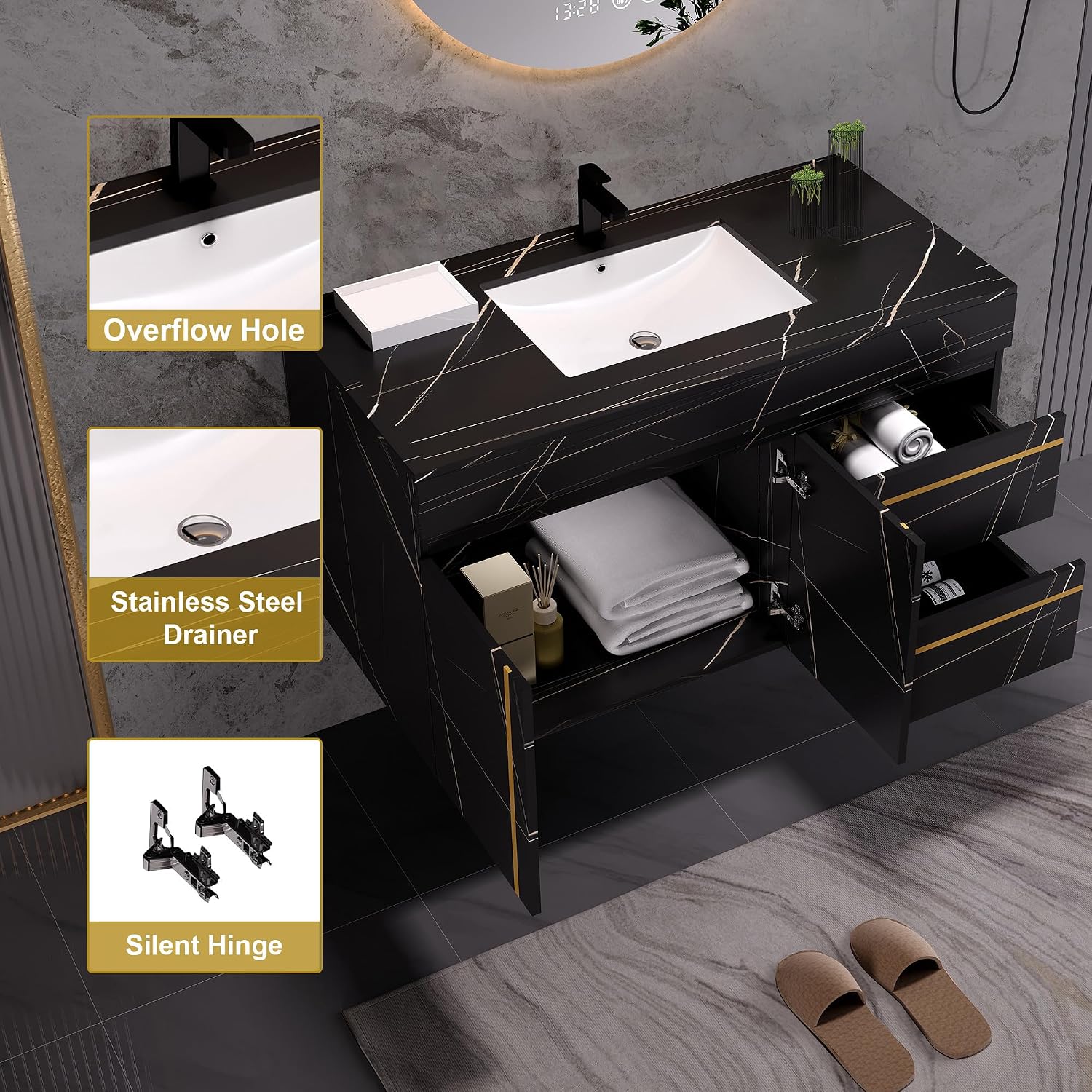 36 inch Bathroom Vanity with Ceramic Sink and Sinter Stone Marble Counter Top Modern Black Wall Mounted Floating Bathroom Sink Cabinet with 2 Drawers, 1 Cupboard and Gold Metal
