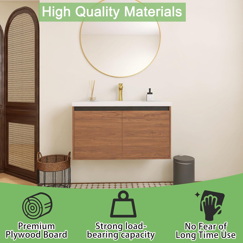 36 inch Bathroom Vanity with Sink, Wall-Mounted Floating Vanity with 2 Soft-Close Doors, Easy Assembly, Engineered Wood in Elegant Brown, Modern Style for Bathroom