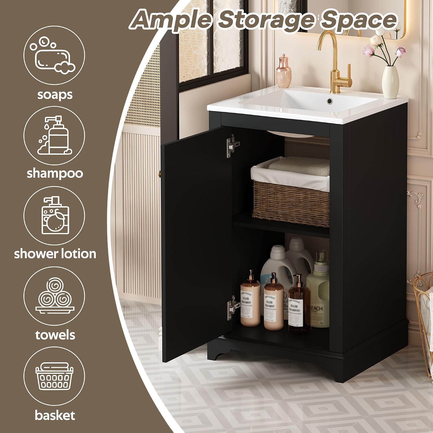 20-inch Bathroom Vanity with Sink Combo, Free-Standing Single Bathroom Storage Cabinet with Soft Close Door & Adjustable Shelf, Wooden Vanity Set with Ceramic Basin for Bathroom (Black)