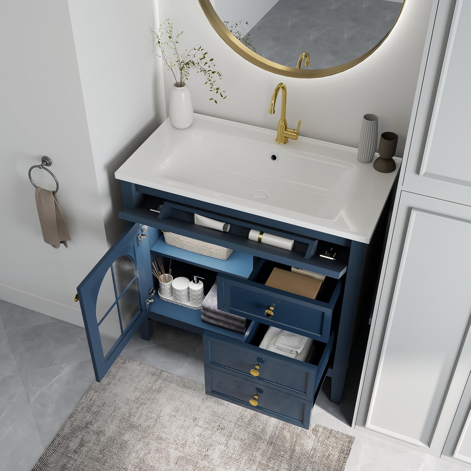 36 inch Bathroom Vanity with Sink, Mid Century Modern Freestanding Bathroom Cabinet with Ceramic Sink, 1 Flip Top Drawer, 2 Storage Drawers, Flower Patterned Glass Door, Adjustable Shelf, Blue