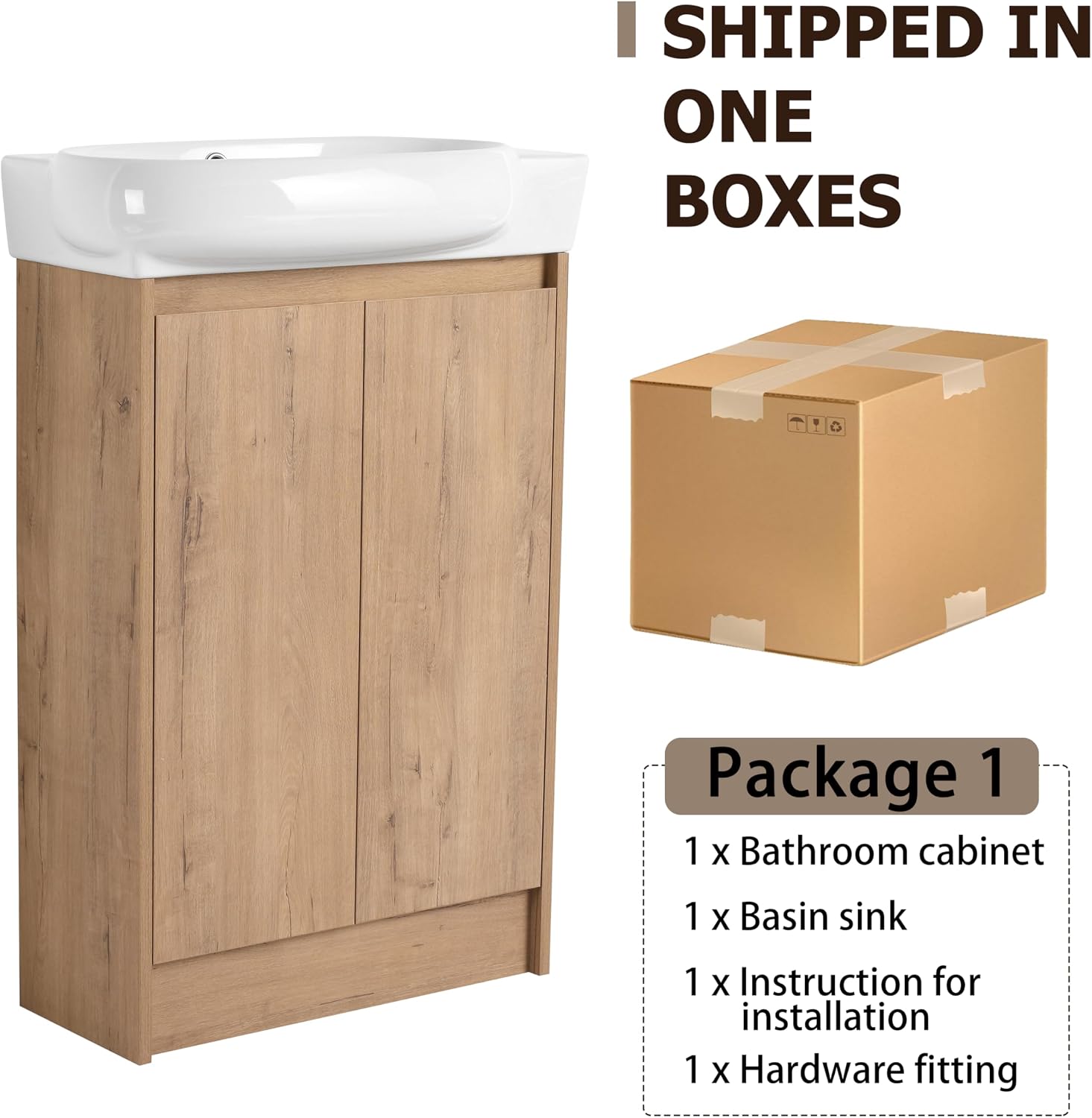 23' Small Bathroom Vanity with Sink, Freestanding Bathroom Vanity Cabinet with Round Ceramic Basin, Soft Closing Doors, Adjustable Shelves, Modern Single Sink Bathroom Vanity, Imitative Oak