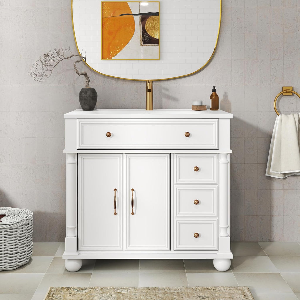 36 inch Bathroom Vanity with Sink, Freestanding Bathroom Vanity Cabinet with Ceramic Sink, Flip Top Drawer, 2 Large Capacity Drawers, Soft Closing Doors, Adjustable Shelf, Round Column Base, White